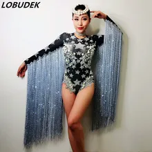 Звезда шаблон Женский костюм кристаллы бахрома боди с длинными рукавами певица для ночного клуба обувь вечерние сценическая боди с кисточками