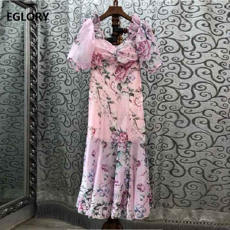 

Top Quality New 2019 Summer Style Celebrity Inspired Women Dresses Sexy Square Collar Charming Floral Print Slim Pink Blue Dress