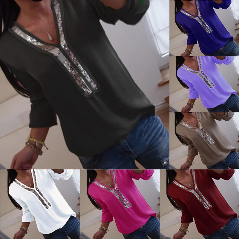 

Women Shirts Blouses Chiffon Women\\x27s Blouse 2019 Autumn Spring Solid Patchwork Sequin Long Sleeve Large Plus Size