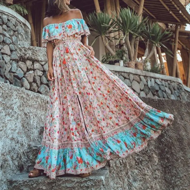 

2019 Off Shoulder Floral Maxi Dress Elegant Women Sweet Travel Casual Fashion Ruffle Summer Robe Boho Romantic Pink Long Dresses