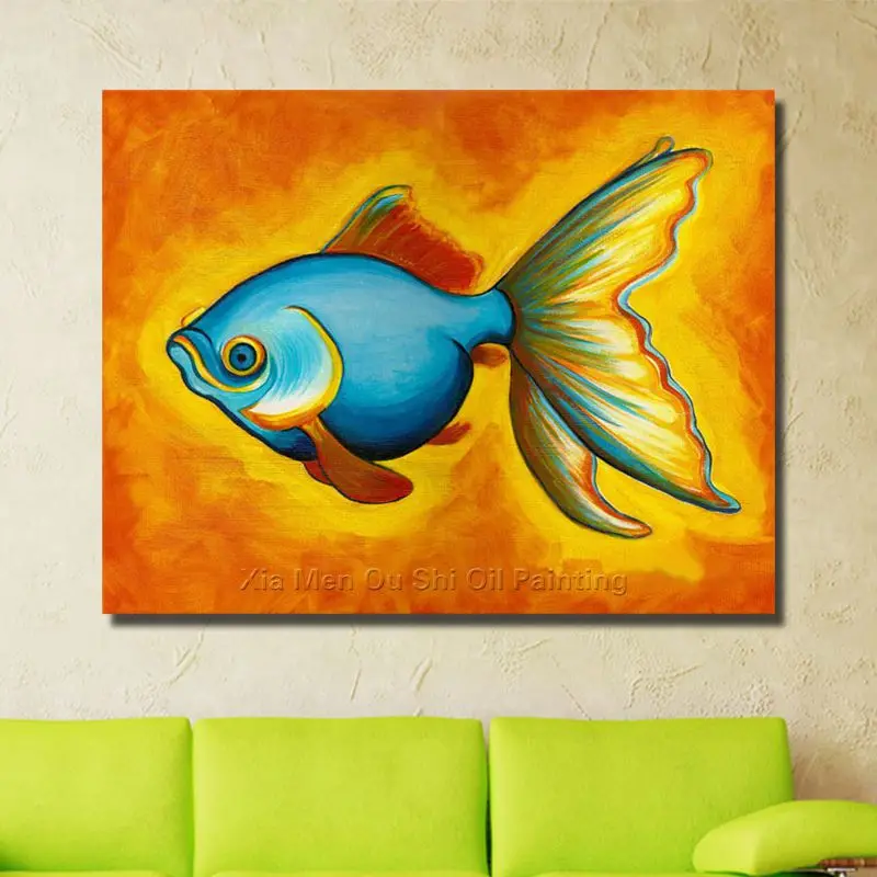 

Free Shipping Modern Hand-painted Blue Fish Oil Painting On Canvas Wall Art Home Decoration Cheap Modern Canvas Art Wall Picture