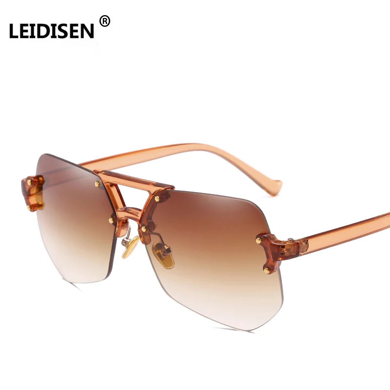 

LEIDISEN Fashion Brand Luxury New Yellow Lens Sunglasses Men Transparent Frame Irregular Pink rimless Sun Glasses For Women