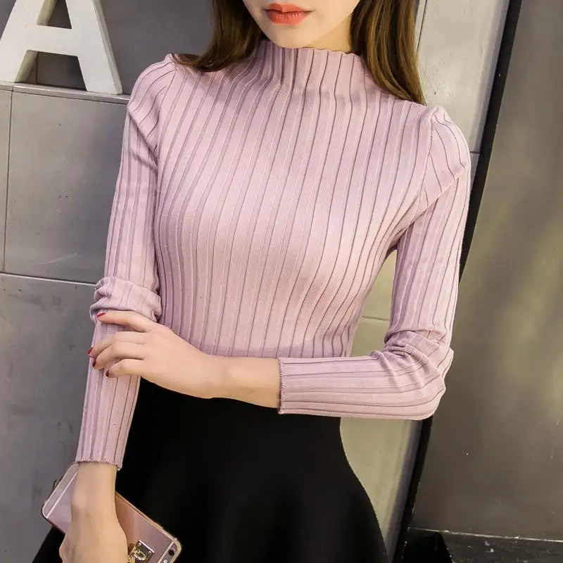 Корейская версия женской одежды, свитер с высоким воротником, тонкий вязаный свитер, осень и зима, стиль эластичности - Цвет: purple