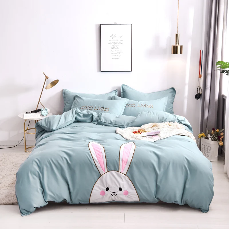 

Lovely Cartoon Rabbit Bear Applique Embroidery Cotton Children Bedding Set Green Pink Duvet Cover Bed sheet/Linen Pillowcases