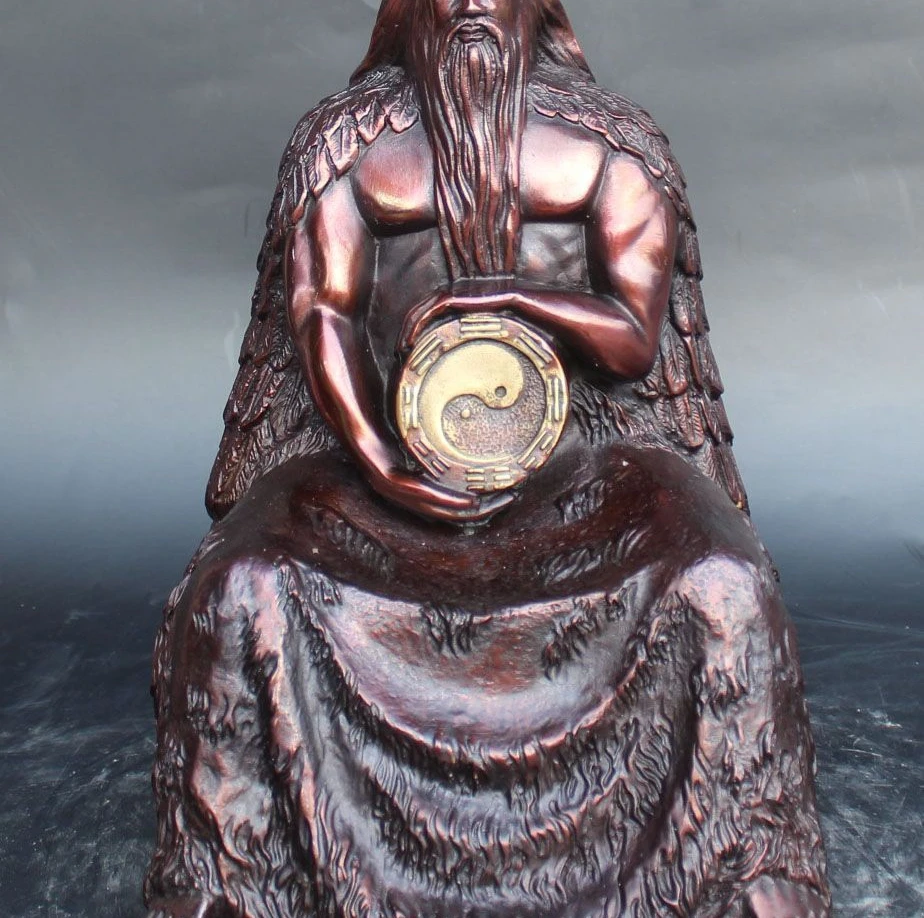 

12" Myth Bronze Taoism Taoist Initiator God immortal Hold Eight Diagrams Statue