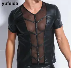 Yufeida Для мужчин Искусственная кожа сетка топы Мужской Сексуальные выявление грудных мышц футболка мужские черные из искусственной кожи