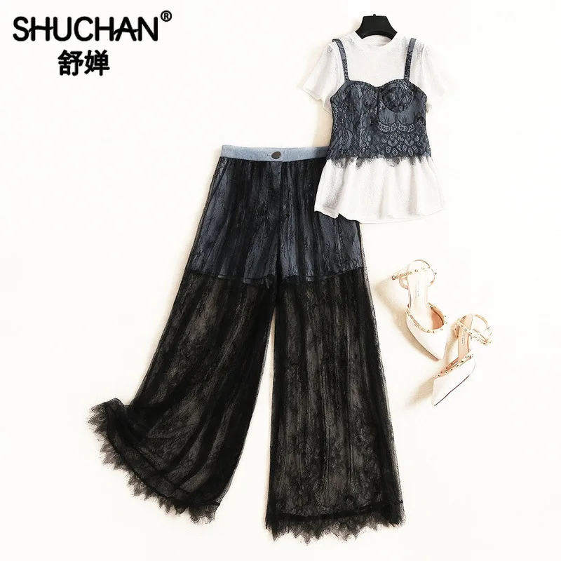 

Shuchan Fashionable Denim Sets for Women Streetwear 3 Piece Set Women +vest+lace Wide Leg Pants Leisure Suits Summer Suit Female