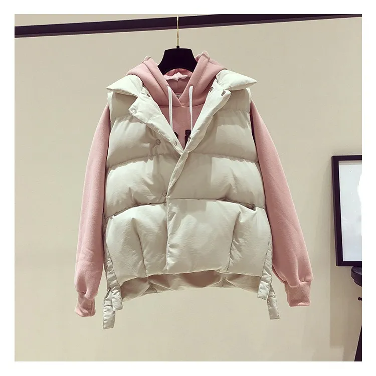 New Arrival Women Mandarin Collar Down Vests Solid Autumn Winter Sleeveless Cotton Parkas Casual Apricot Short Waistcoat