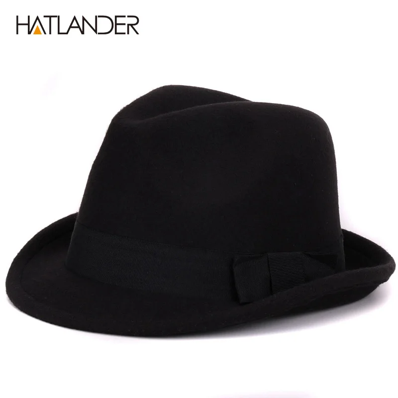 [HATLANDER] одноцветная шляпа-канотье из искусственной шерсти, фетровая шляпа для женщин и мужчин, джазовые кепки, Кепка-котелок, зимняя верхняя шапка - Цвет: Black