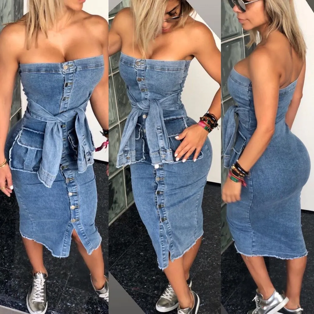 

Fashion Slash Neck Sleeveless Mid Dress Sexy Women Single Breasted Belt Denim Casual Dress Bodycon Pencil Dresses