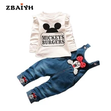 Новые осенние комплекты детской одежды с Микки Маусом для маленьких девочек Детская футболка с рисунком Минни джинсовые комбинезоны джинсовые штаны для новорожденных