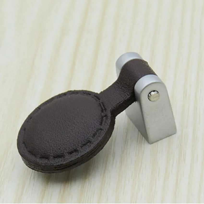 

Modern simple matte silver Genuine Leather Safety furniture knobs brown coffee drawer shoe cabinet Leather pulls knobs