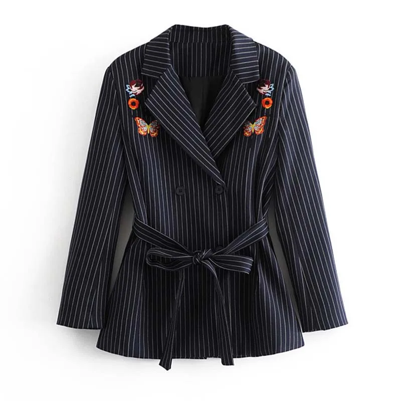 YNZZU вышивка полосатый элегантный Блейзер Женский 2019 весна тонкий средней длины двубортный женский пиджаки и куртки пояса YO769
