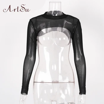 

ArtSu Sexy Black Mesh Women Blouse Short Transparent Shirt Crop Tops Blusas Autumn See-through Long Sleeve Tops ASBL30045