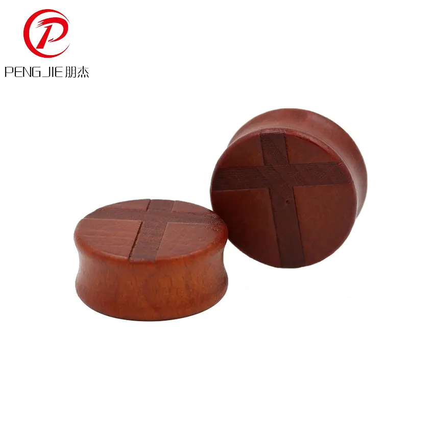 Christian Cross of Jesus Ear Expander Natural Hand Carved Organic Wood