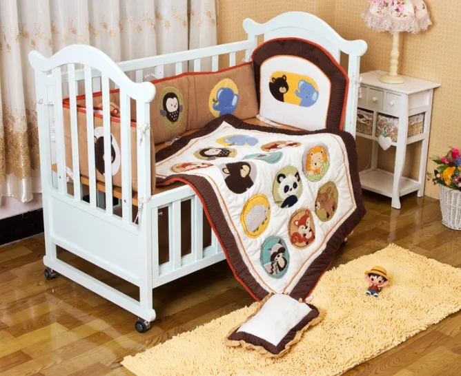 

Promotion! 6PCS embroidery crib bedding set ,infant nursery set,baby bedding set bumper(bumper+duvet+pillow)