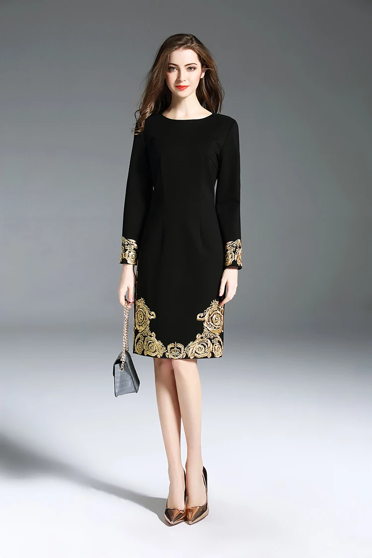 Высокое качество Весна размера плюс черное платье женское подиумное с золотой вышивкой с длинным рукавом элегантное миди платье для вечеринок vestidos DF401