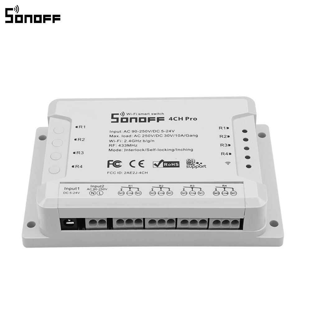 Sonoff 4CH Pro R2 10A/Комплект 4-канальный Wifi смарт-коммутатор 433 МГц РЧ-пульт Wifi освещение переключатель поддерживает 4 устройства работает с Alexa