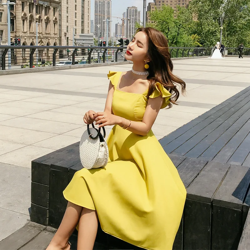 

2018 New Style women's Summer Chic Long Dress Sexy Sleeveless butterfly sleeve Camisole sling Ruffle Fishtail Elegant Party Wear