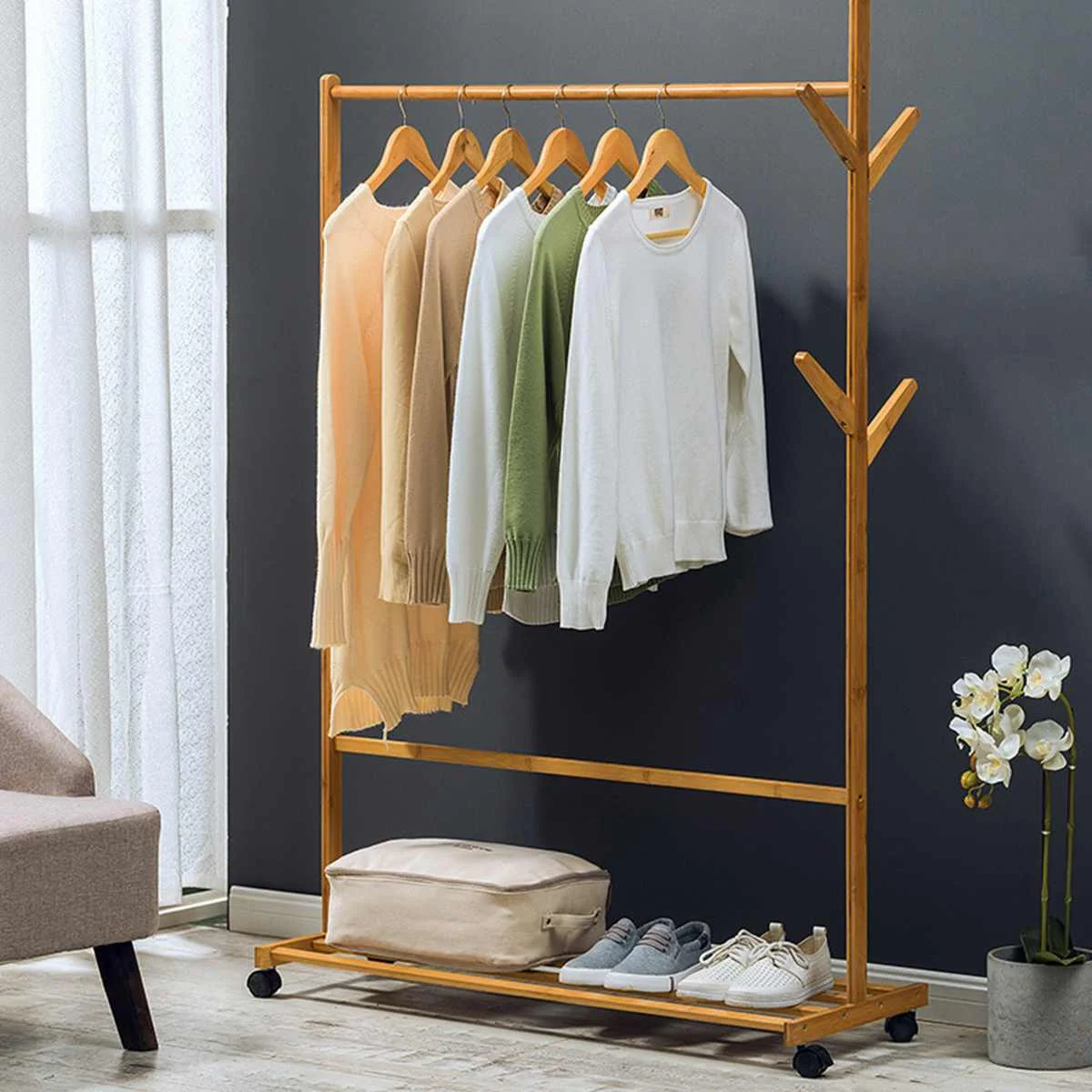 

Bamboo Multi-function Coat Rack Bedroom Simple Modern Removable Hanger Storage Shelves Household Furniture