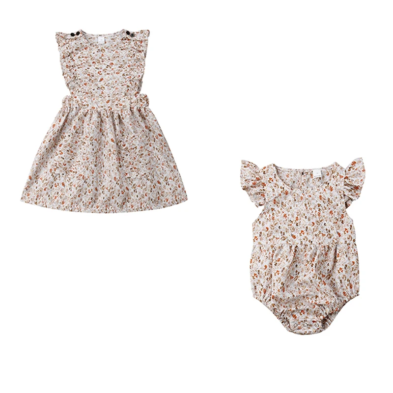 

2019 New Toddler Baby Girls Sister Matching Outfits Big Sister Pocket Front Floral Dress Little Sister Ruffled Sleeve Romper