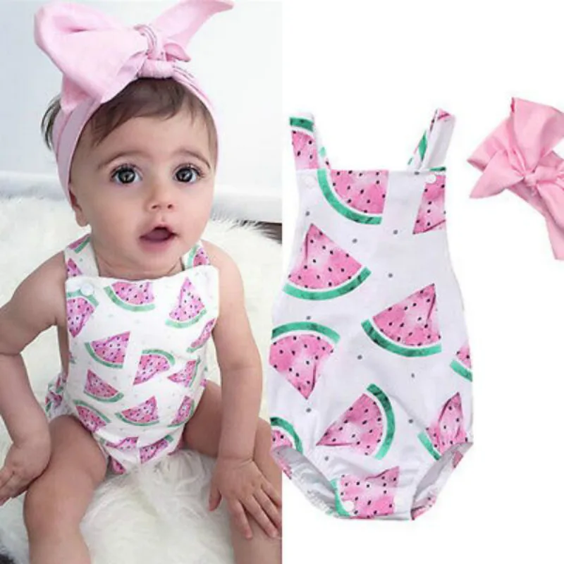

Summer Cute Baby Girls Romper Jumpsuit Headband Watermelon Printed Outfits Sunsuit Set New 0-24M Children Kids Clothes Hot
