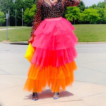 

2019 Summer Colorful Layers Tulle Long Skirt Women High Waist Ruffles Ball Gown Maxi Skirt Casual Streetwear Tutu Skirts