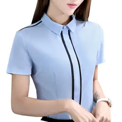 Летняя элегантная женская блузка белый синий ПР тонкий отложной воротник с коротким рукавом шифоновая рубашка офисные женские большие