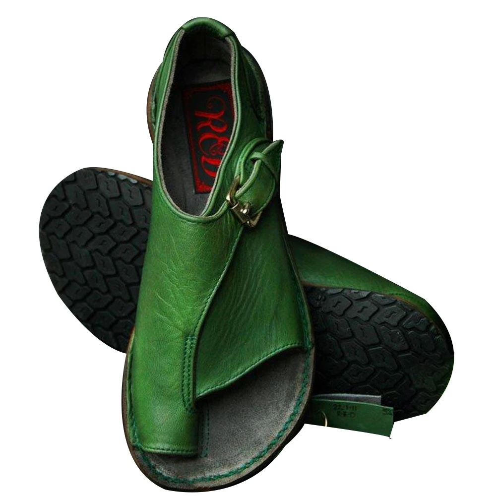 

Vintage Comfort Retro Buckle-Strap Sandals Womens Casual Leather Flats Shoes Chaussures Femme Slip on Summer Beach Sandals