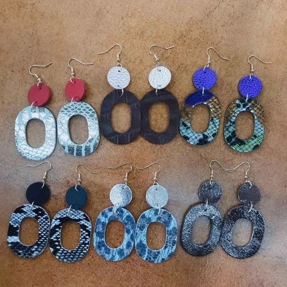 

Wholesale Custom 2019 New Geometric Boa Texture Genuine Leather Round Drop Earrings for Women Fashion Leather Jewelry