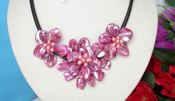 

handcraft bloom peach seashell pink pearls choker leather necklace j8164 Factory Wholesale price Women Gift word Jewelry