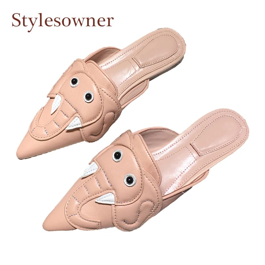 

Stylesonwer new design genuine leather elephant flat with slipper women pointed toe open heel mules mixed color fashion slippers