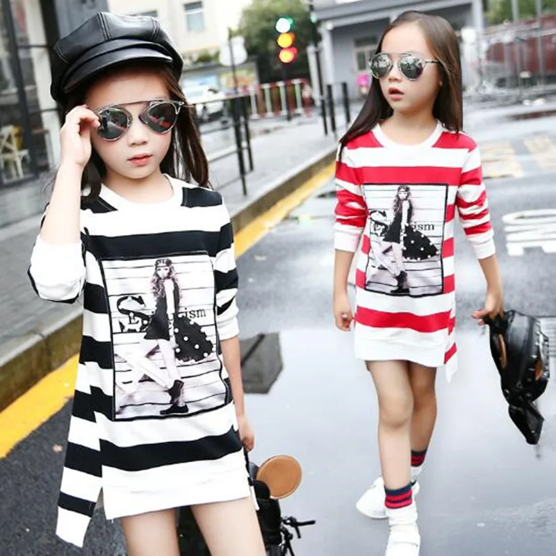 

Casual Print Striped Cotton School Children Girls T Shirt Baby Clothes Long Sleeve T-Shirt Girl Tops Kids Tshirt Dress JW1138