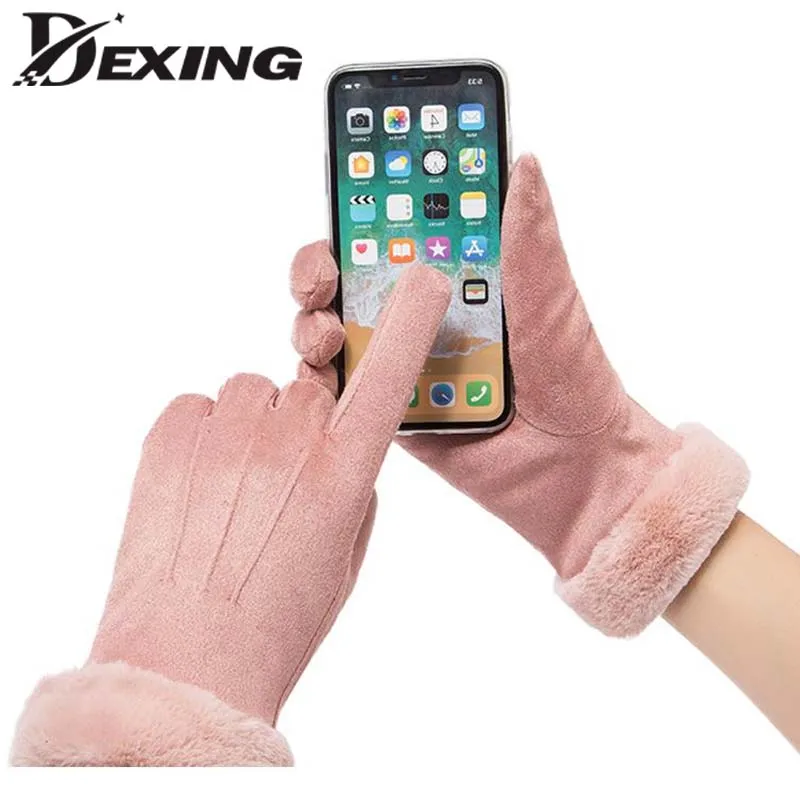 

New Winter Touch Screen Gloves Women Warm Suede Mittens Thick Plush Wrist Female Fashion Velvet Fur Gloves Outdoor Driving Glove