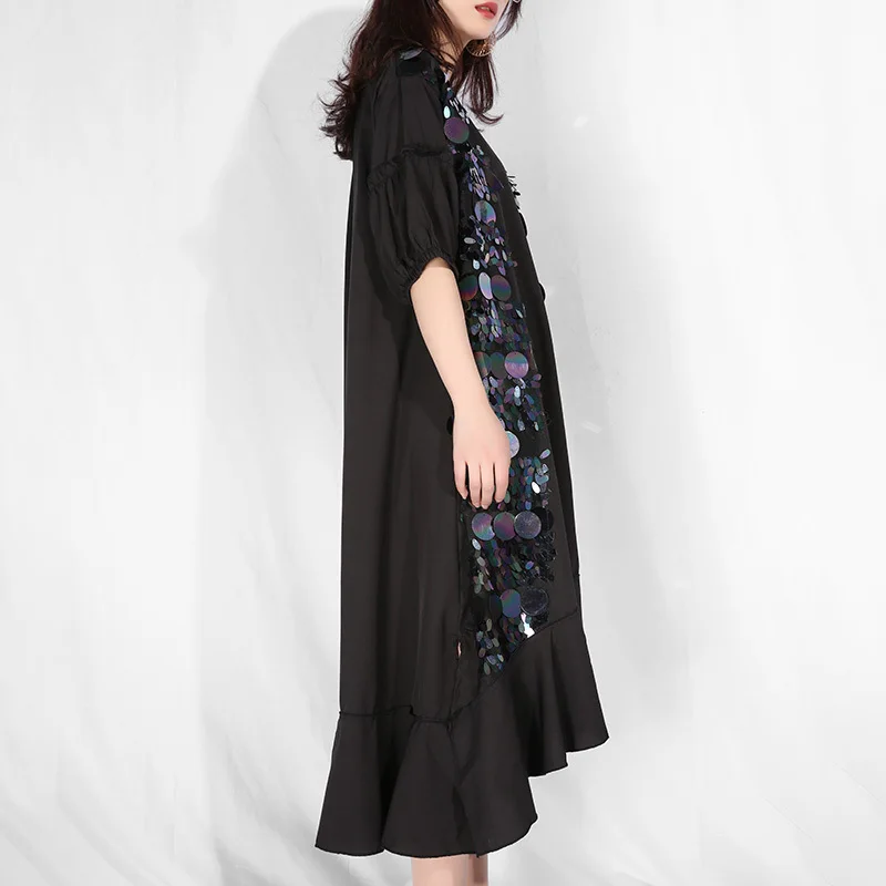 [EAM] Новинка, весенне-Летнее Длинное Платье с круглым вырезом, коротким рукавом, черными пайетками и оборками, большой размер, женская мода, JR7550