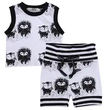 Infant Baby Clothes Suit Sleeveless Cartoon Print Tops Vest+Striped Shorts Vogue Bebe Kids Clothes Sets kids striped and star flag print vest dress