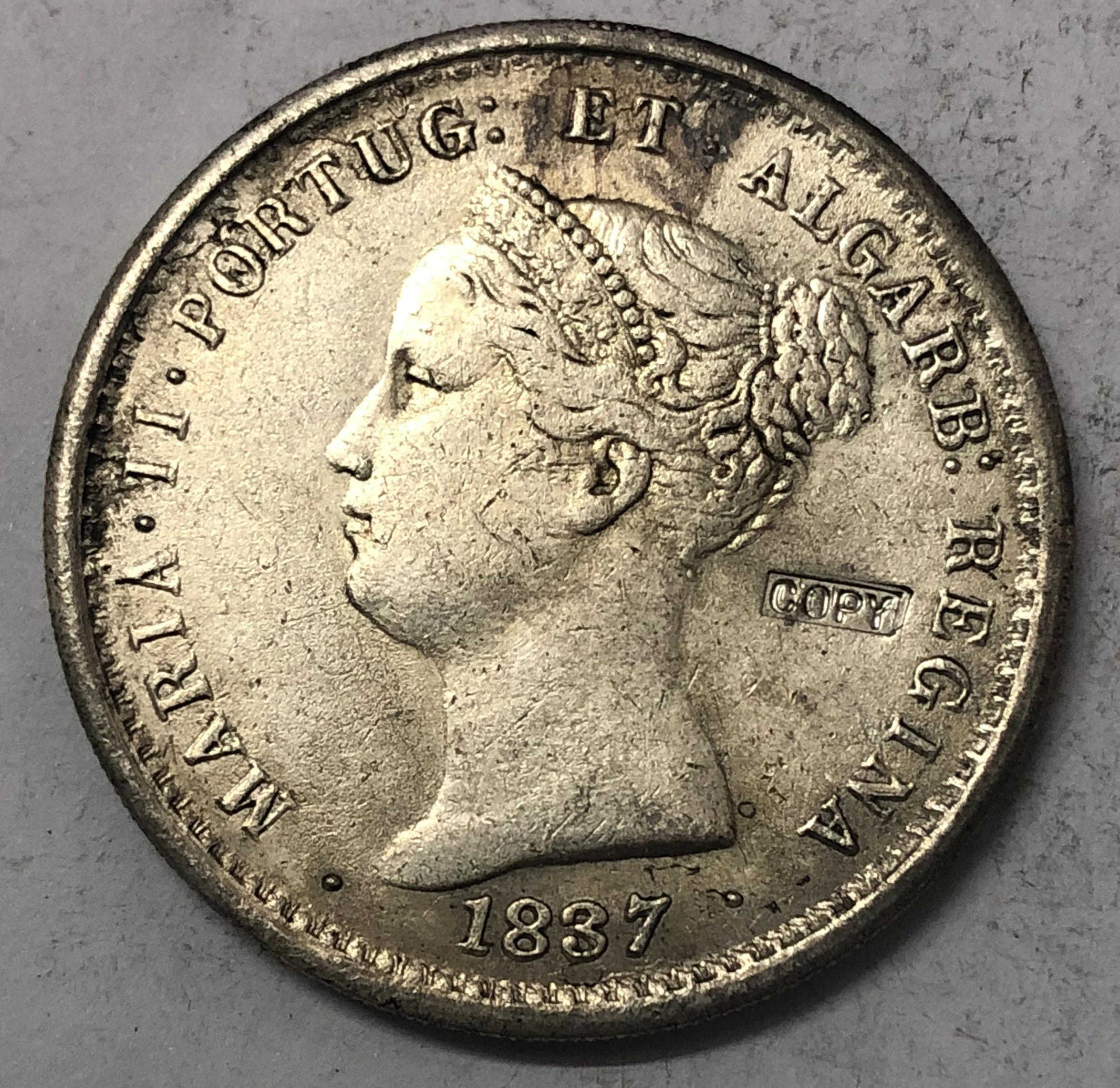 

1837 Portugal 1000 REIS- Maria II Silver Plated coin Exact Copy