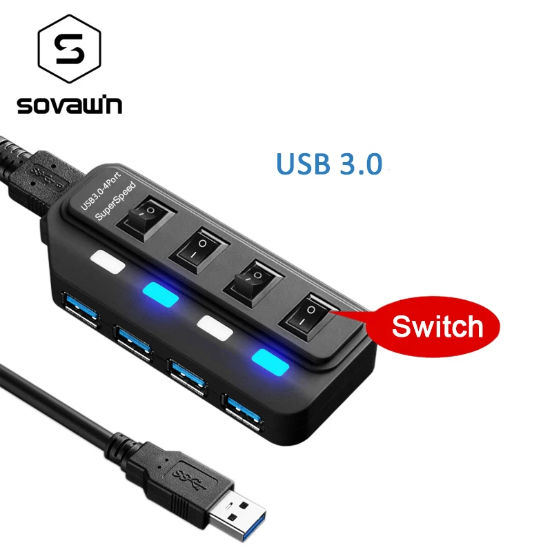 5Gbps USB 3 0 HUB 4 USB Ports Switch LED Splitter Adapter with Bold Cable High