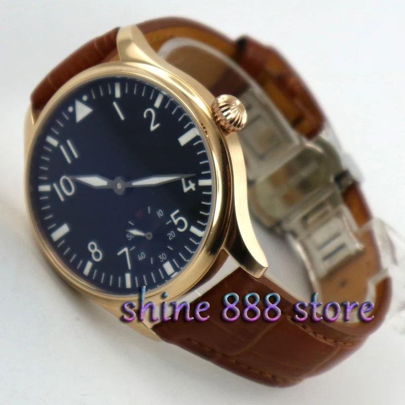 

Parnis 44mm black dial luminous deployant clasp brown strap rose golden case 6498 hand winding movement Men's watch