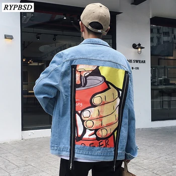 

2 Colors Autumn Winter New Printed Zipper Mens Denim Jacket Loose Fashion Casual Hip Hop Men Coat Large Size M-2XL