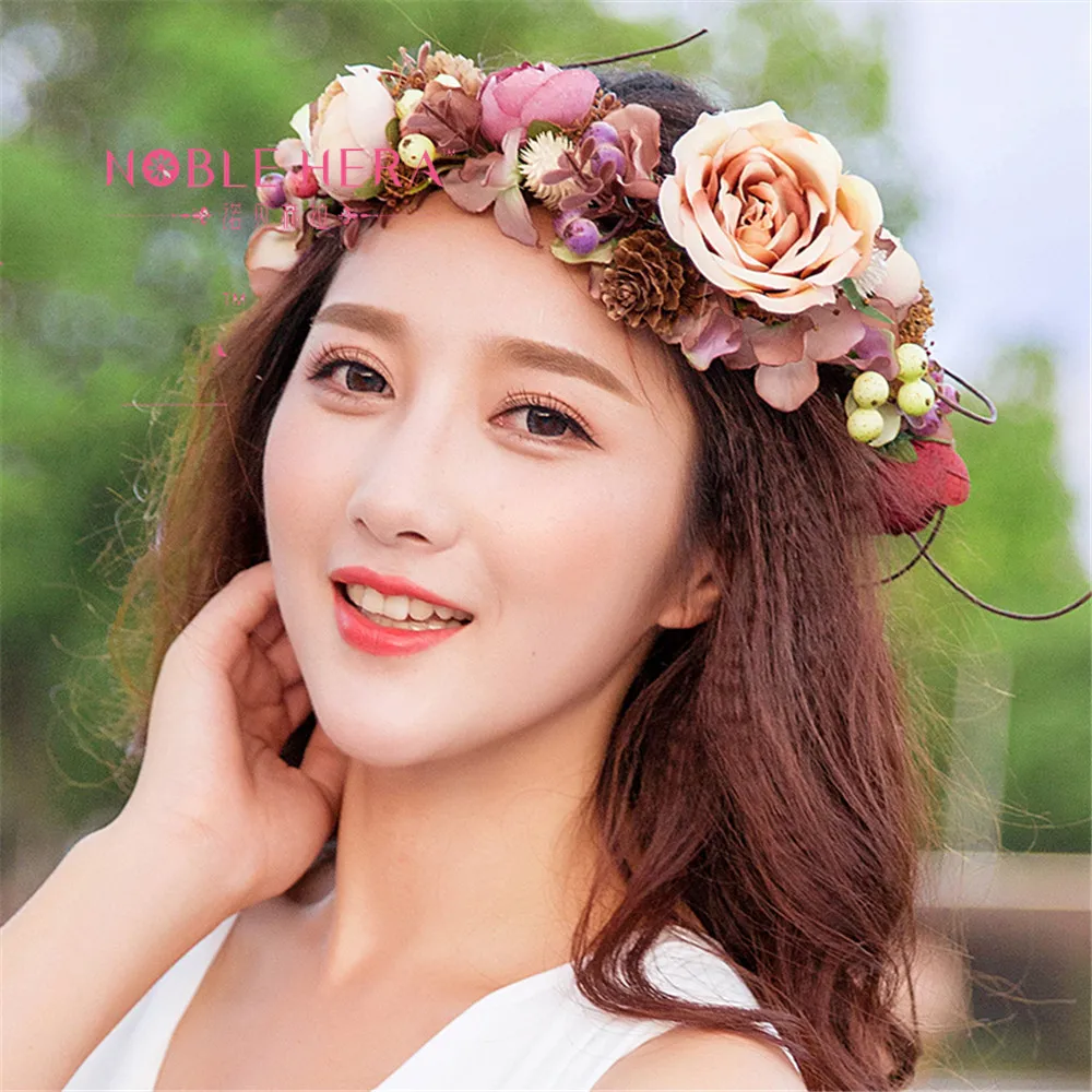 flower crown bridal wreath hair accessories rose head wreaths garland flowers silk artificial pinecone adjustable kid accessory decorative