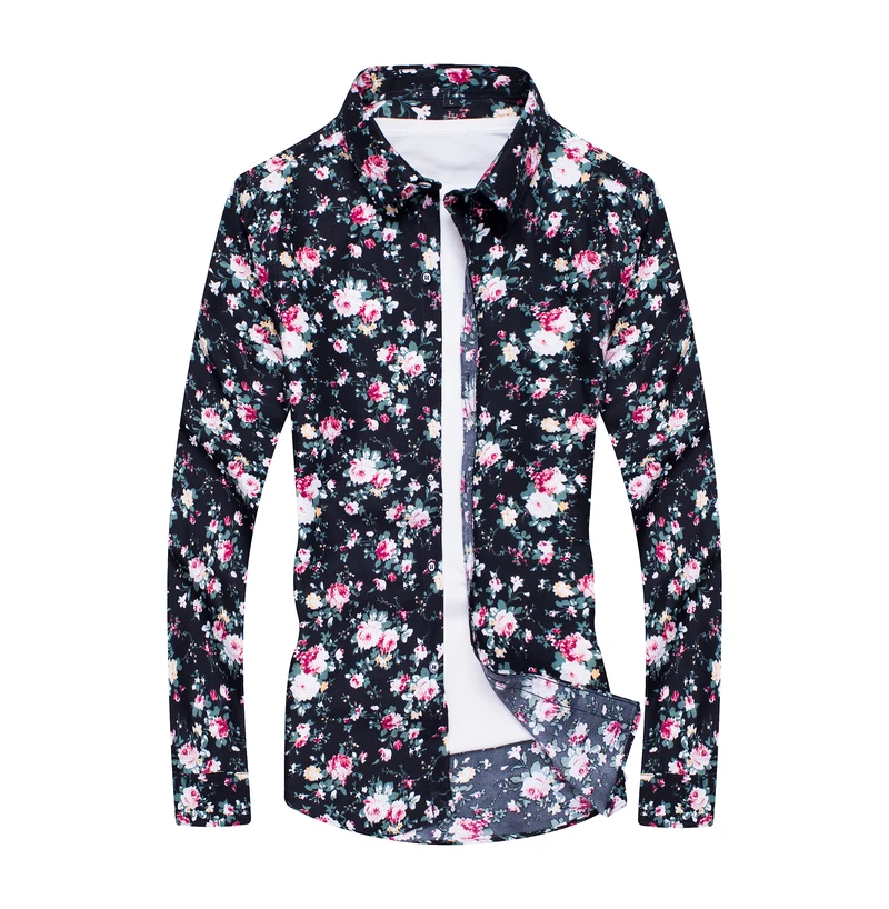 Мужская рубашка с цветочным принтом camisa masculina повседневная приталенная длинным