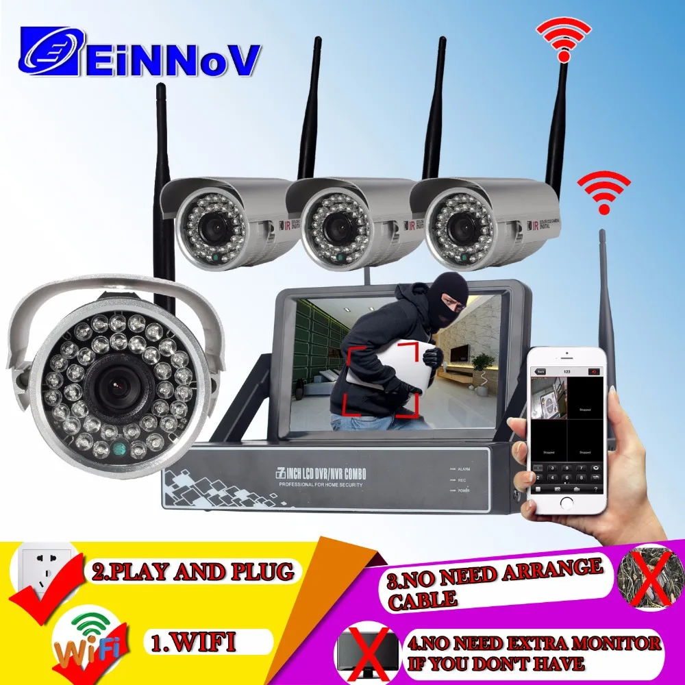 

EiNNoV Wireless 4CH NVR Kit With LCD Screen 4pcs HD 720P Surveillance IP Camera CCTV Security Camera System Kit H.264