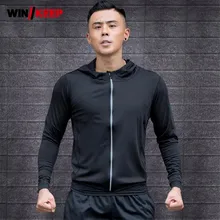 Новая Осенняя мужская куртка с длинным рукавом для бега на открытом воздухе, с капюшоном, для фитнеса, дышащие кроссовки, верхняя одежда, пальто, Sim Fit, спортивные куртки для бега