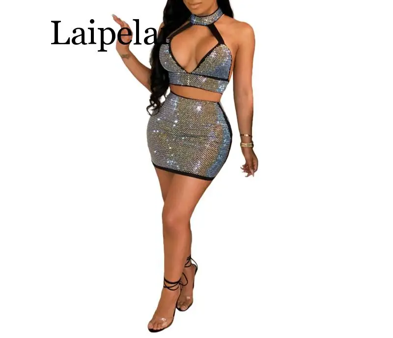 

Laipelar 2020 Women Diamonds Two Piece Set Dress Deep V Neck Sleeveless Open Back Halter Crop Top Mini Skirt Club Outfits