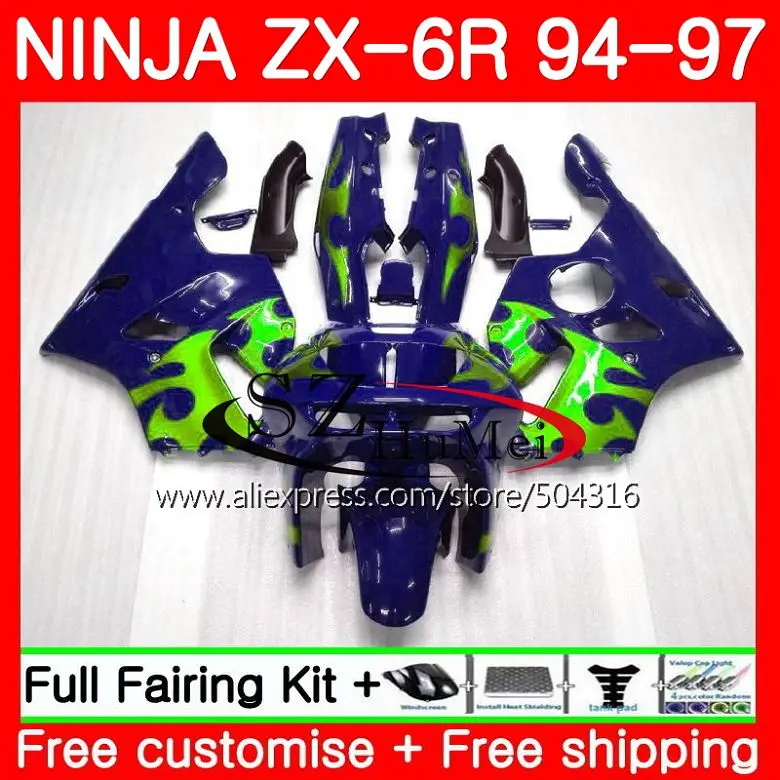 Средства ухода за кожей для KAWASAKI NINJA ZX-6R 94-97 ZX636 600CC ZX 636 13SH20 ZX6R 94 95 96 97 ZX 6R 1994 1995 1996 1997 зеленый Обтекатели с пламенем