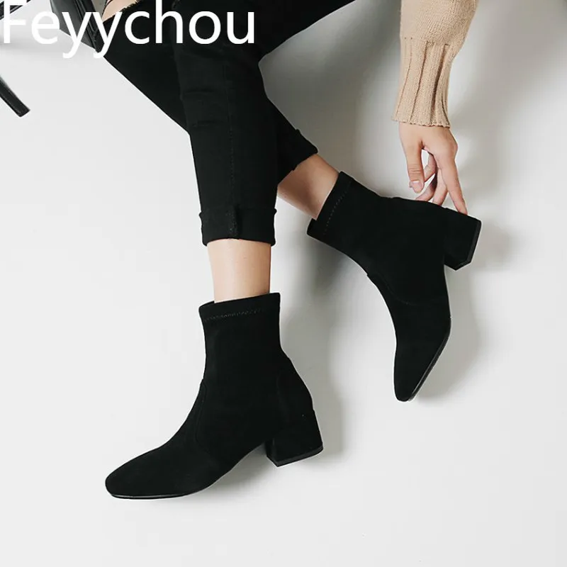 

Women Boots Autumn Winter Med Heel Warm Flock Square Toe Slip on Mid-calf Stretch Boots 2018 New Sexy Fashion Black Beige Brown