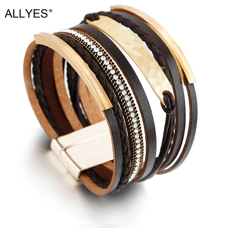Multilayer Leather Bracelet Metal Bar Charm Men Leather Braided Bracelet