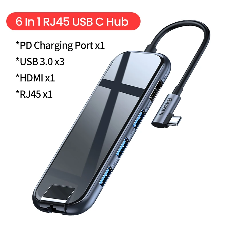 Baseus концентратор USB Type C к HDMI RJ45 Мульти USB 3,0 адаптер питания для MacBook Pro Air iWatch док-станция 3 порта USB-C usb-хаб разветвитель - Цвет: 6 In 1 RJ45 USBC Hub