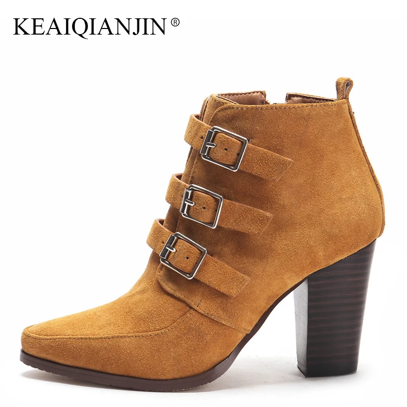 

KEAIQIANJIN Woman Genuine Leather Black Ankle Boots Pointed Toe Ankle Boots Autumn Winter Genuine Leather High Heels Shoes 2018